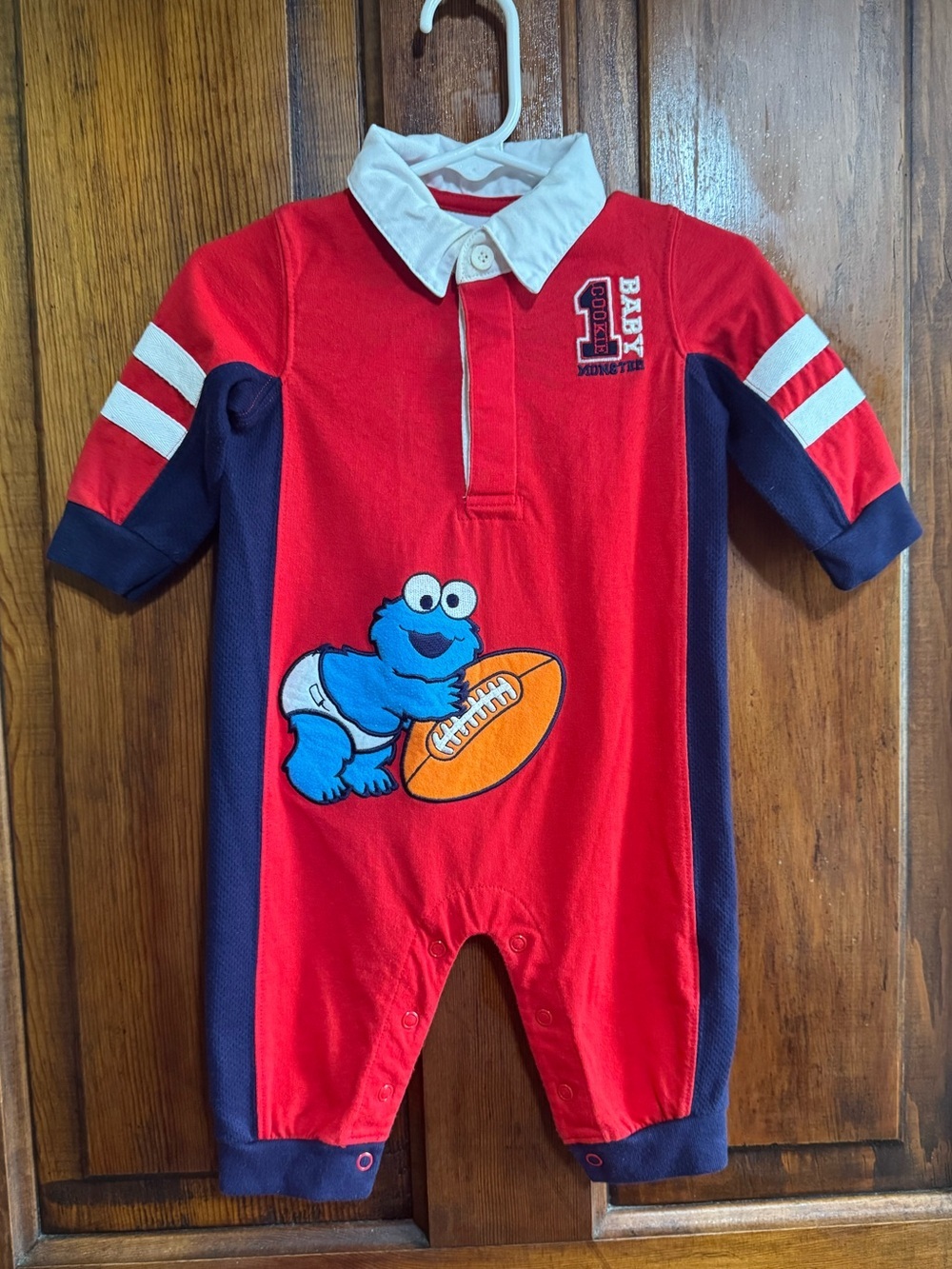 Vintage 90s/Y2K Cookie Monster Football Long Sleeve Baby Romper Size 3-6 Months